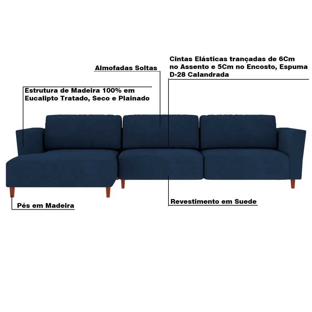 Sofá 310cm com Chaise Esquerda Franz Suede Azul G52 - Gran Belo