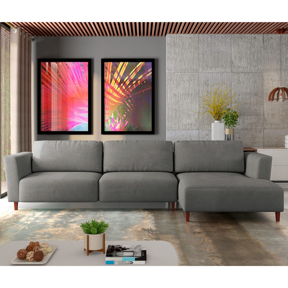 Sofá 330cm com Chaise Direita Franz Suede Grafite G52 - Gran Belo