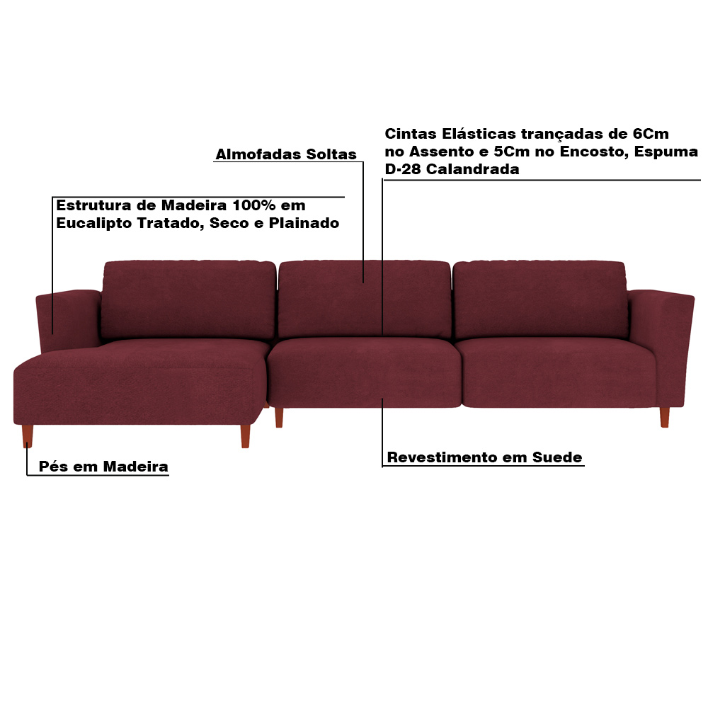 Sofá 330cm com Chaise Esquerda Franz Suede Bordô G52 - Gran Belo