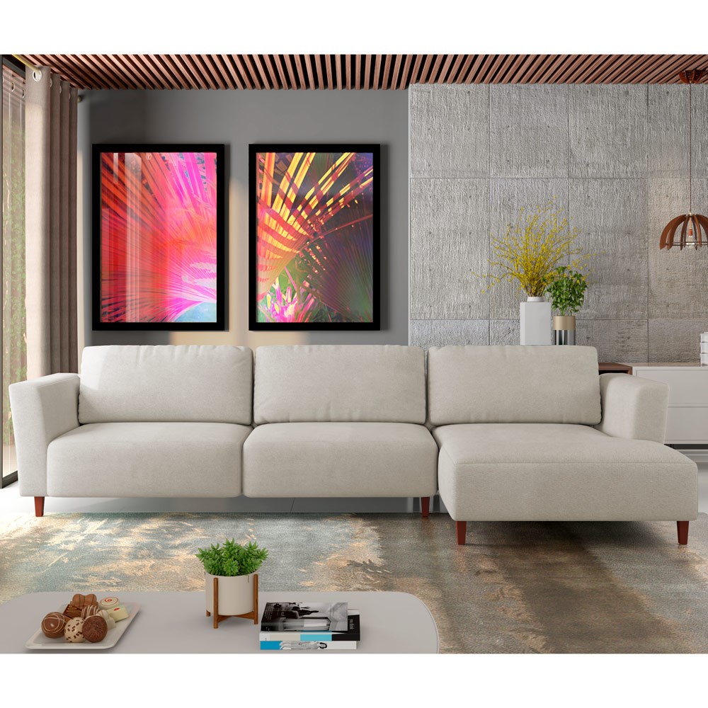 Sofá 350cm com Chaise Direita Estrutura em Madeira Franz Suede Bege G52 - Gran Belo