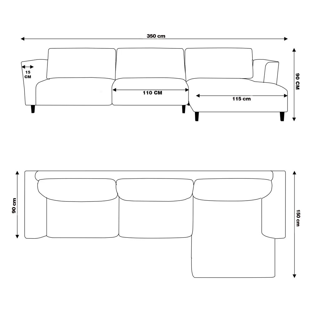 Sofá 350cm com Chaise Direita Estrutura em Madeira Franz Suede Bege G52 - Gran Belo