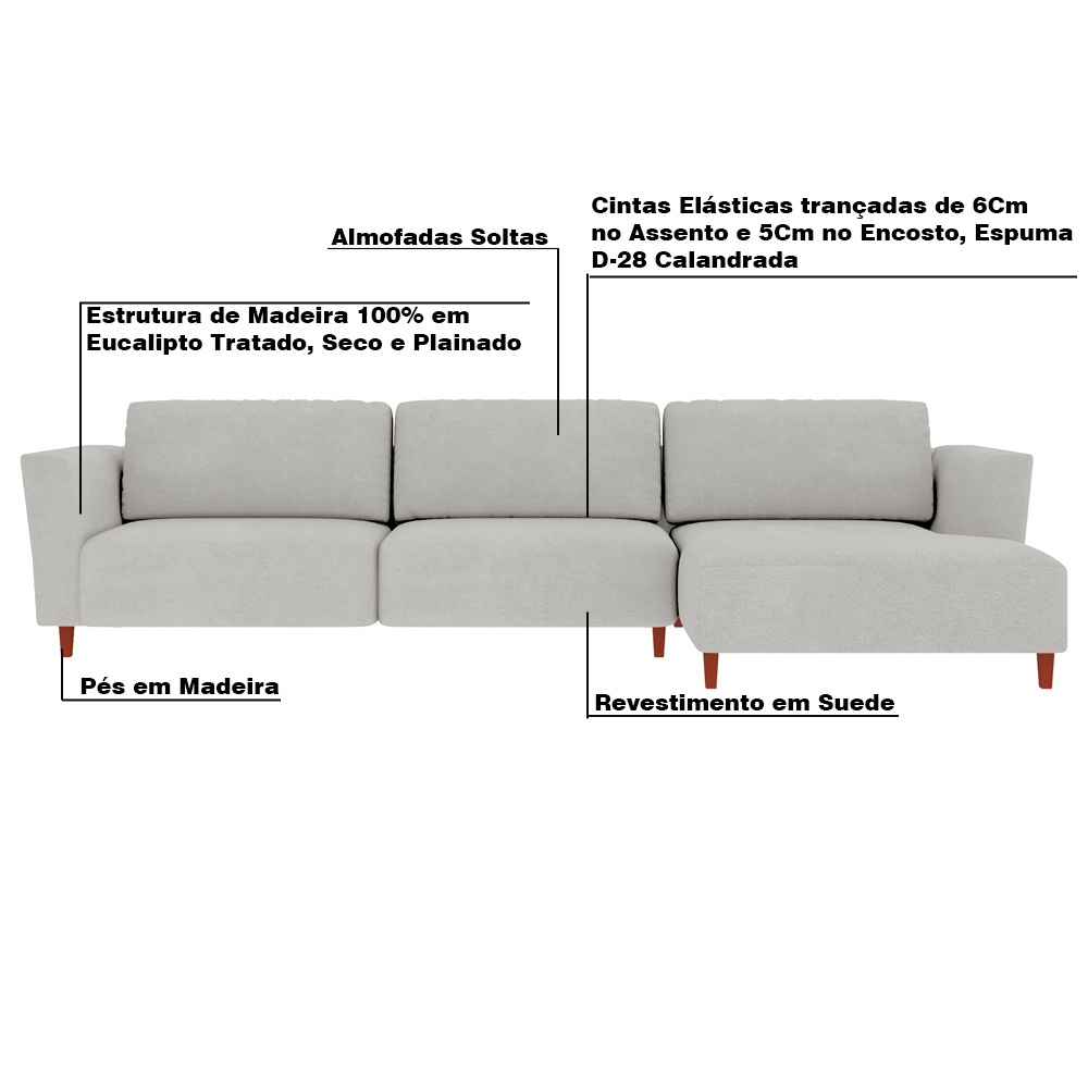 Sofá 370cm com Chaise Direita Franz Suede Cinza G52 - Gran Belo