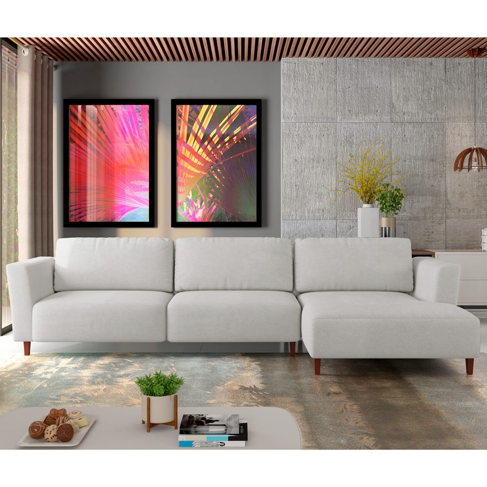 Sofá 370cm com Chaise Direita Franz Suede Cinza G52 - Gran Belo