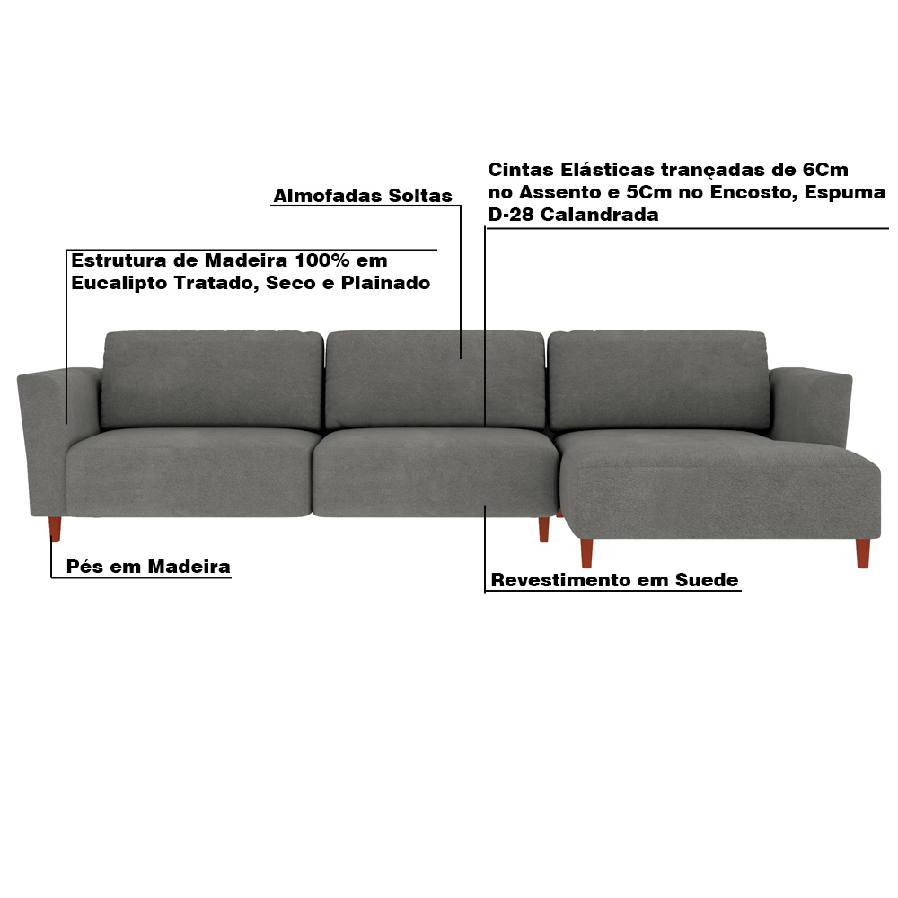 Sofá 370cm com Chaise Direita Franz Suede Grafite G52 - Gran Belo