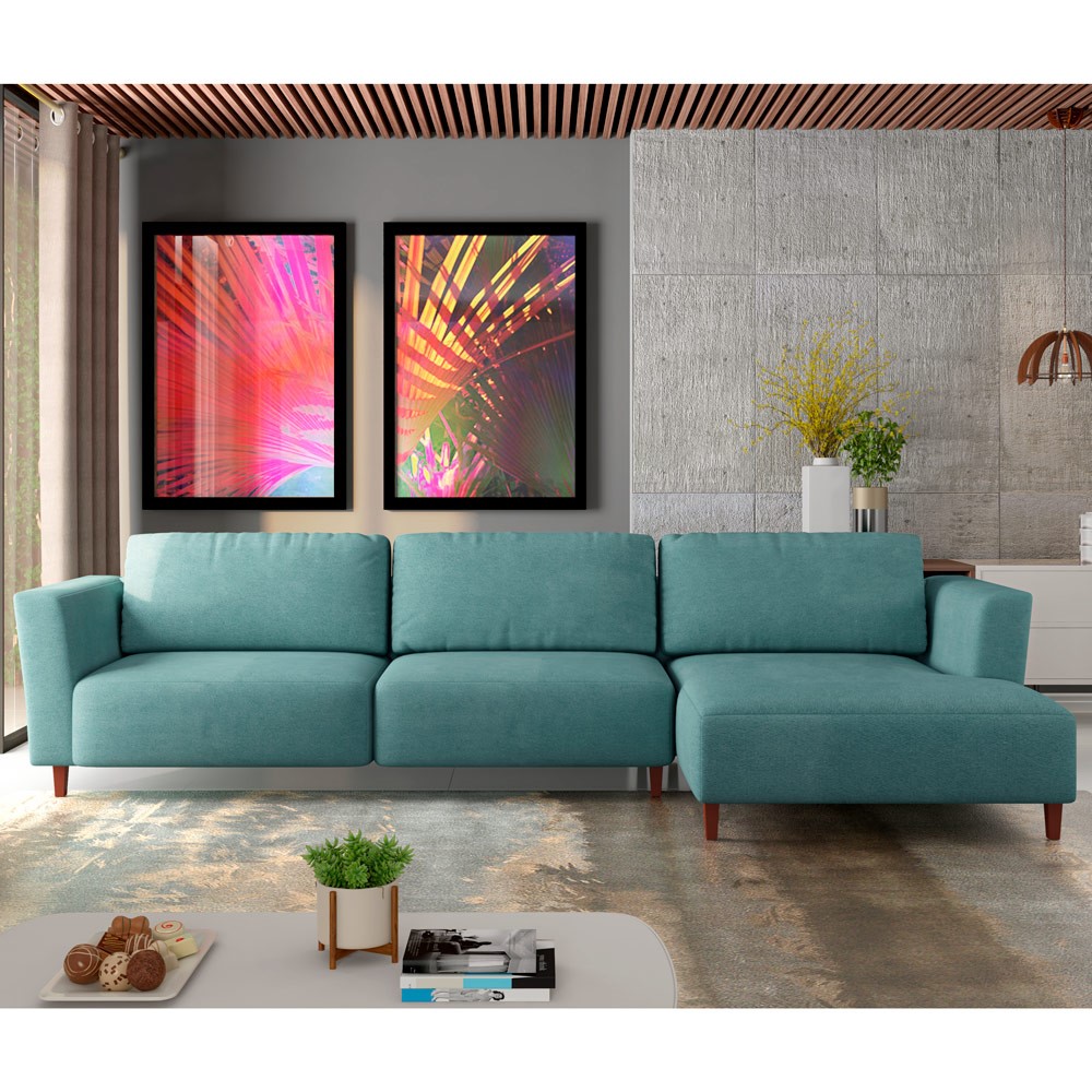 Sofá 370cm com Chaise Direita Franz Suede Turquesa G52 - Gran Belo