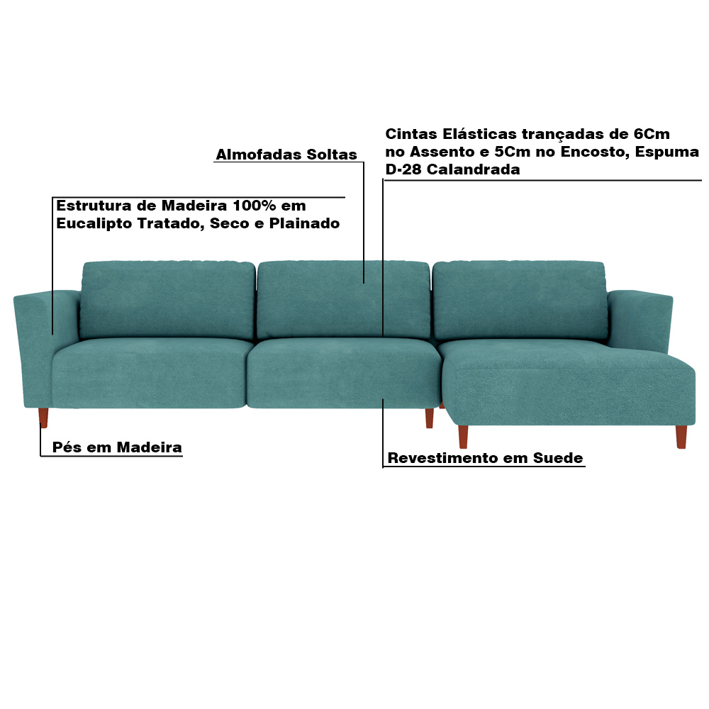 Sofá 370cm com Chaise Direita Franz Suede Turquesa G52 - Gran Belo