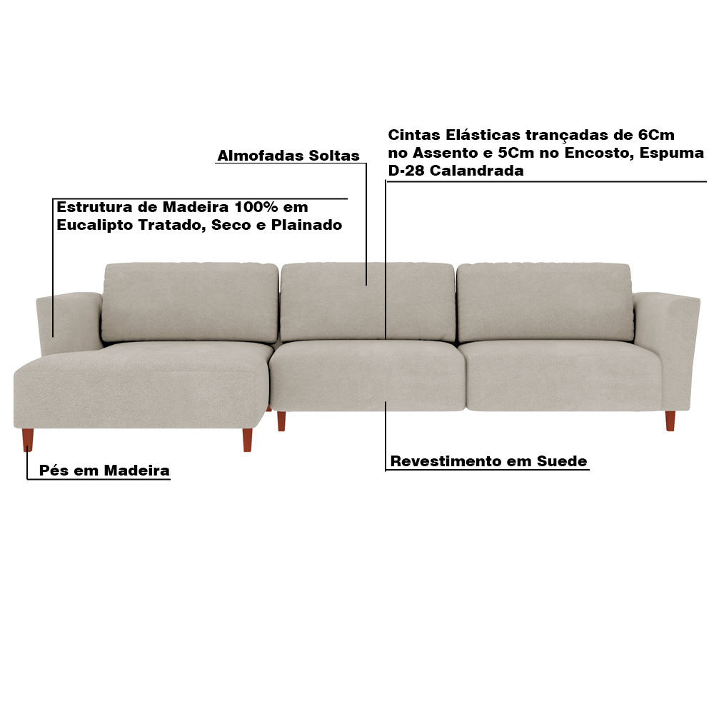Sofá 370cm com Chaise Esquerda Franz Suede Bege G52 - Gran Belo
