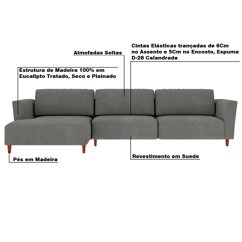 Sofá 370cm com Chaise Esquerda Franz Suede Grafite G52 - Gran Belo