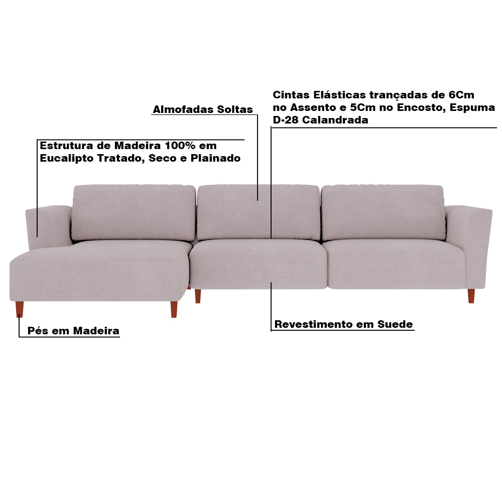 Sofá 370cm com Chaise Esquerda Franz Suede Rosê - Gran Belo