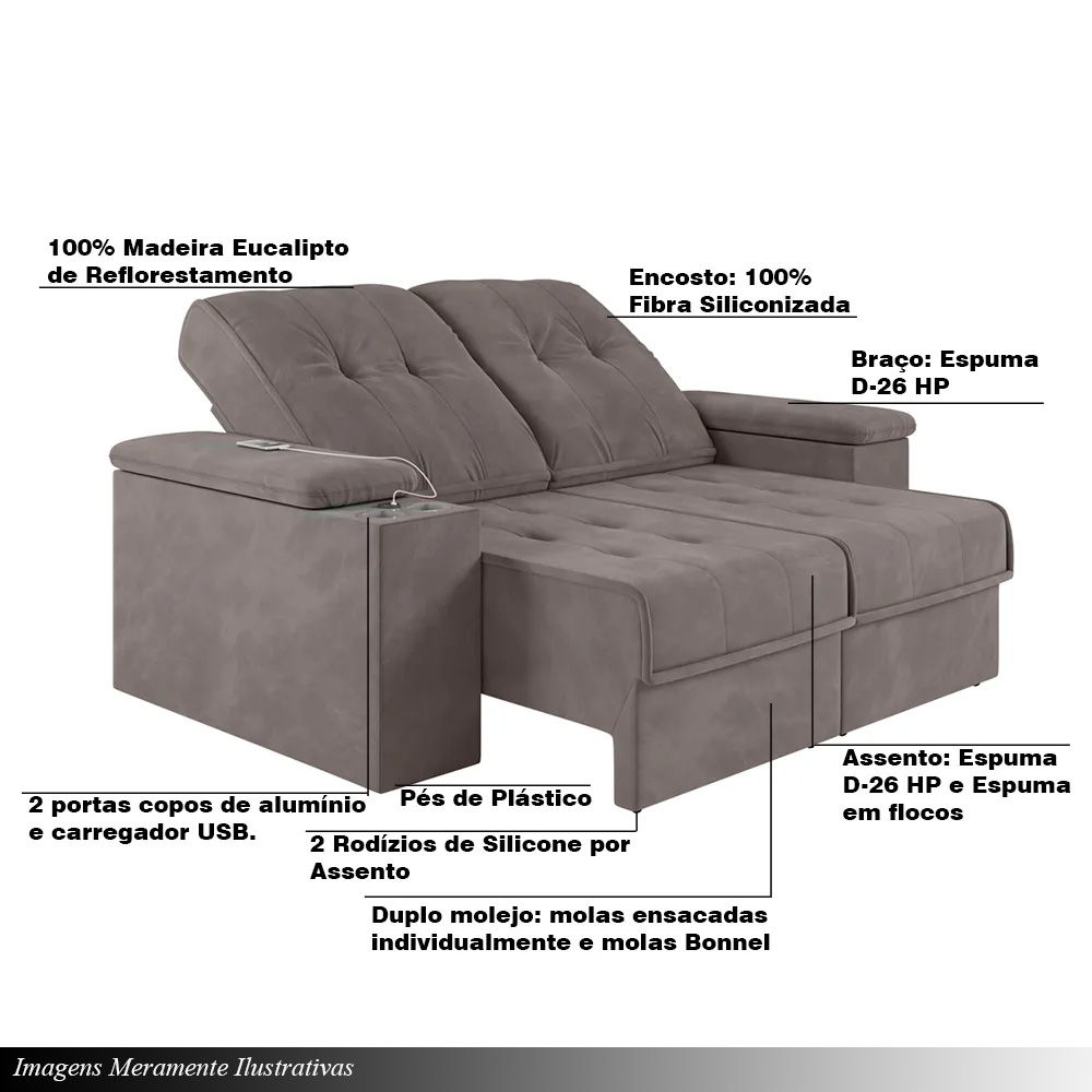 Sofá 4 Lugares 257cm Retrátil e Reclinável com 2 Porta Copos USB Calvin Veludo Avelã G46 - Gran Belo