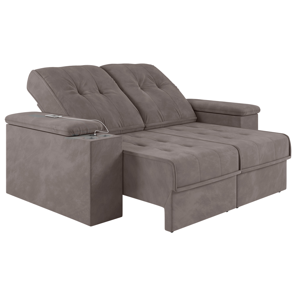 Sofá 4 Lugares 257cm Retrátil e Reclinável com 2 Porta Copos USB Calvin Veludo Avelã G46 - Gran Belo