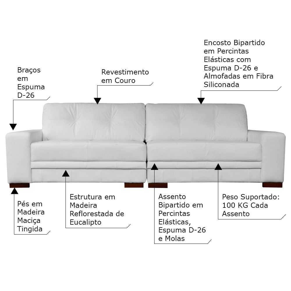 Sofá 4 Lugares Bipartido Sala de Estar Milano 280cm Couro Branco G58 - Gran Belo