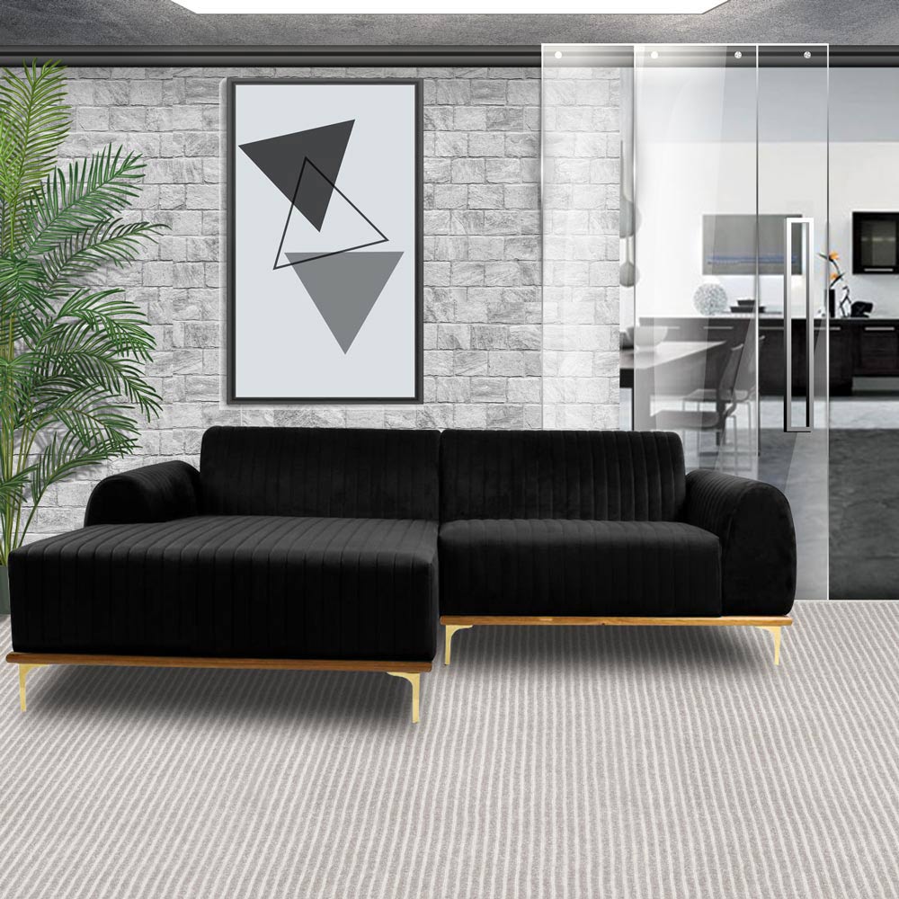 Sofá 4 Lugares Bipartido com Chaise Lado Direito Base de Madeira Euro 255 cm Veludo Preto G15 - Gran Belo