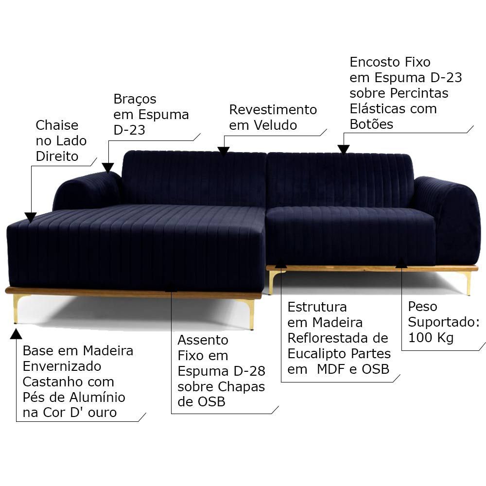 Sofá 4 Lugares Bipartido com Chaise Lado Direito Base de Madeira Euro 265 cm Veludo Azul G15 - Gran Belo