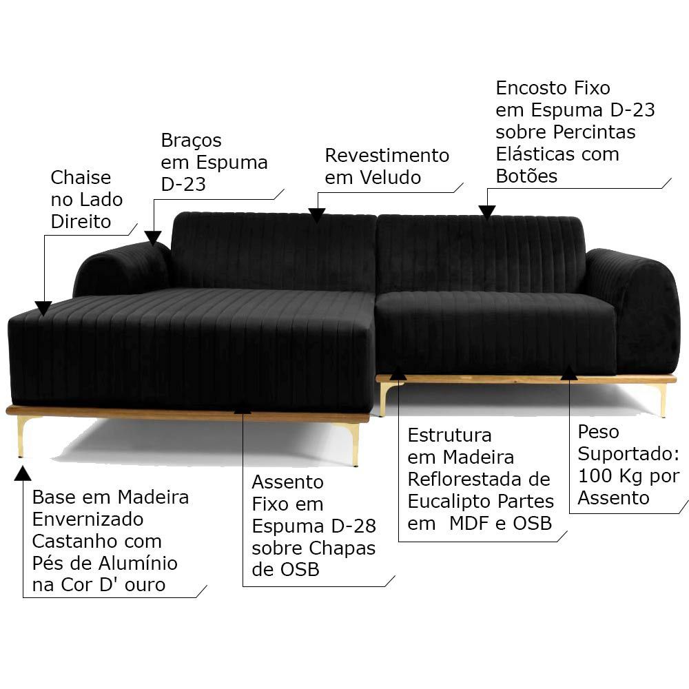 Sofá 4 Lugares Bipartido com Chaise Lado Direito Base de Madeira Euro 265 cm Veludo Preto G15 - Gran Belo