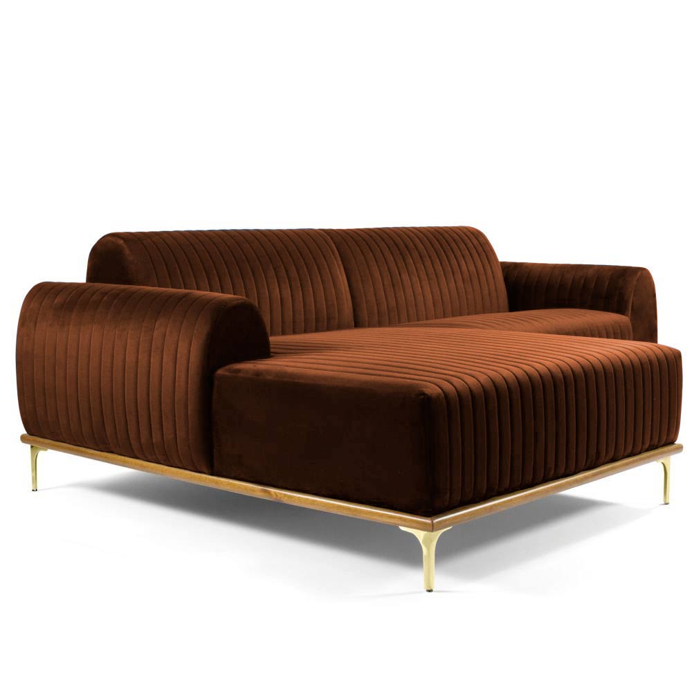 Sofá 4 Lugares Bipartido com Chaise Lado Direito Base de Madeira Euro 265 cm Veludo Telha G15 - Gran Belo