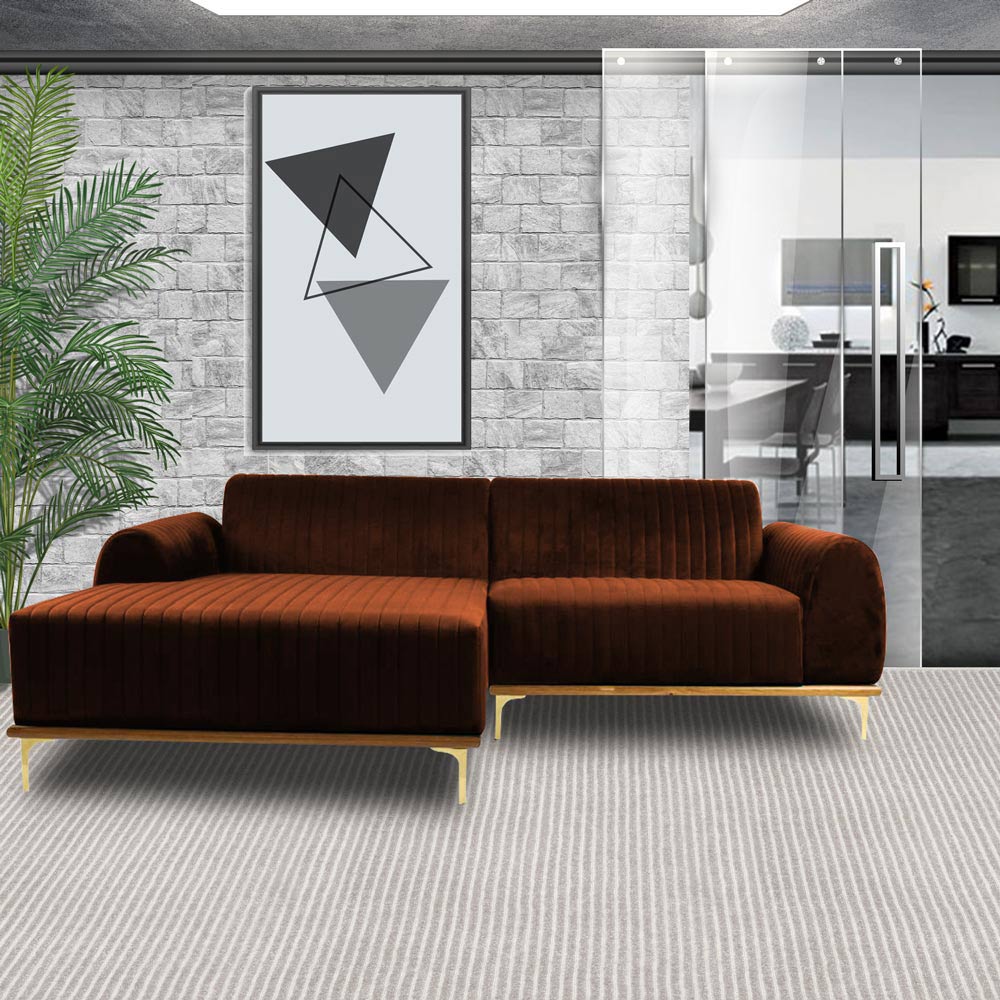 Sofá 4 Lugares Bipartido com Chaise Lado Direito Base de Madeira Euro 265 cm Veludo Telha G15 - Gran Belo