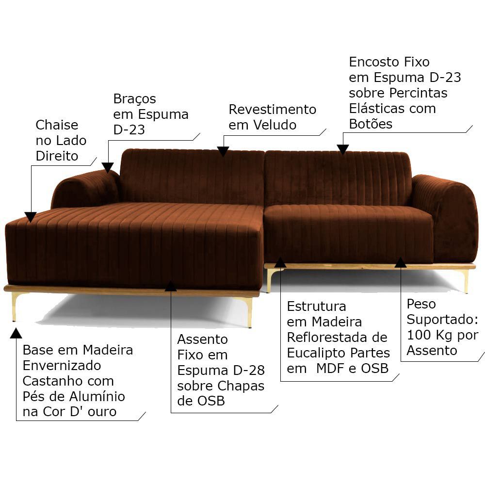 Sofá 4 Lugares Bipartido com Chaise Lado Direito Base de Madeira Euro 265 cm Veludo Telha G15 - Gran Belo