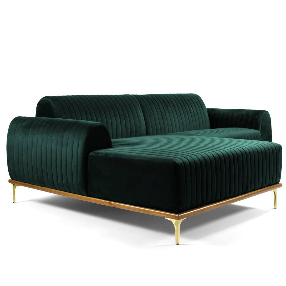 Sofá 4 Lugares Bipartido com Chaise Lado Direito Base de Madeira Euro 265 cm Veludo Verde G15 - Gran Belo