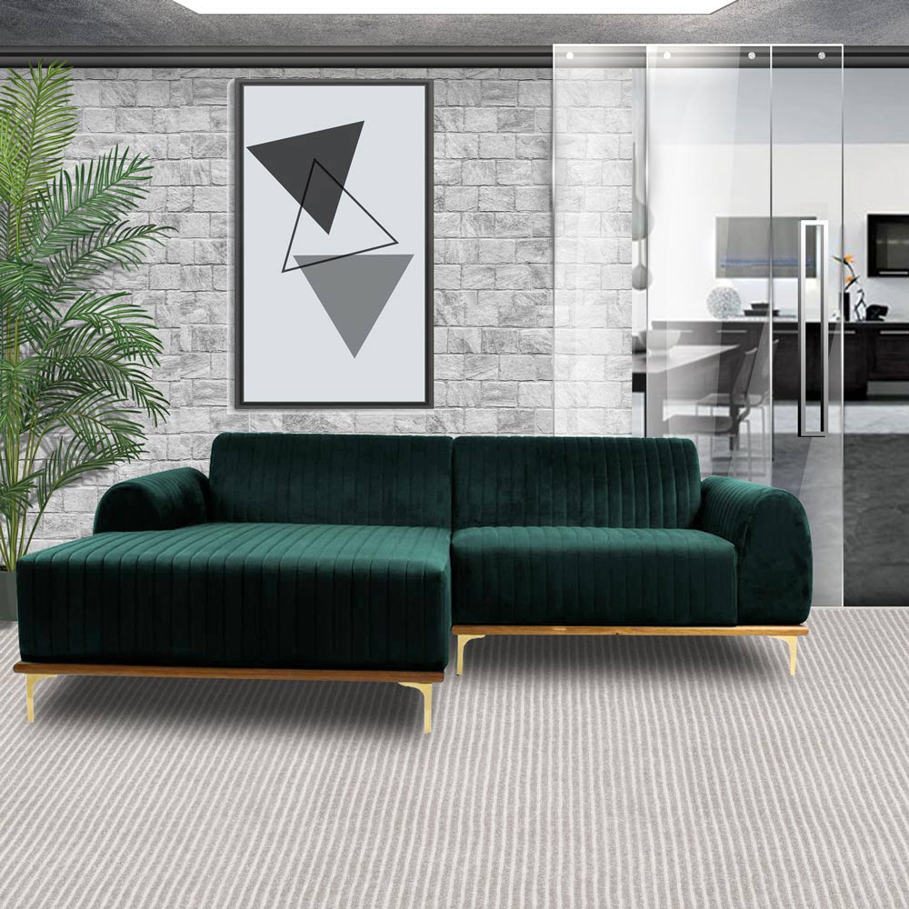 Sofá 4 Lugares Bipartido com Chaise Lado Direito Base de Madeira Euro 265 cm Veludo Verde G15 - Gran Belo