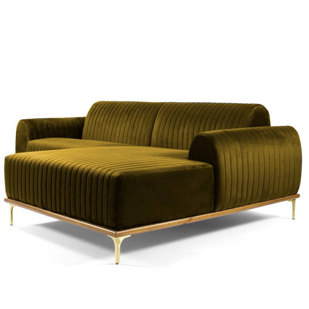 Sofá 4 Lugares Bipartido com Chaise Lado Esquerdo Base de Madeira Euro 255 cm Veludo Mostarda G15 - Gran Belo