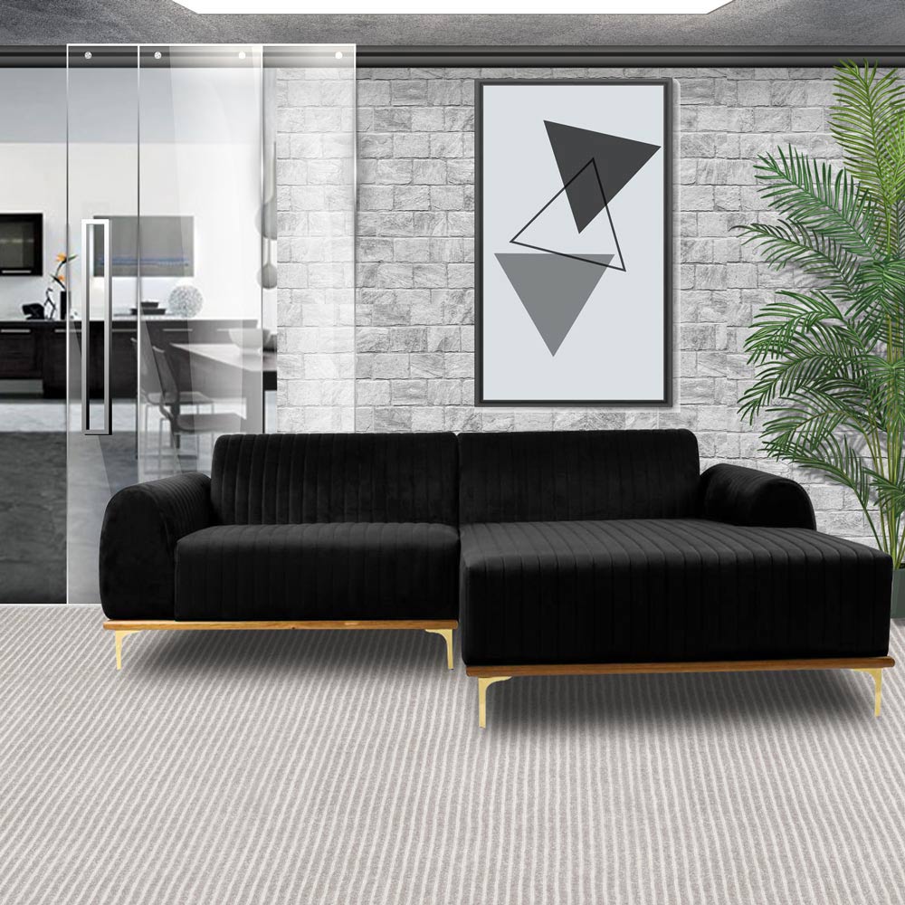 Sofá 4 Lugares Bipartido com Chaise Lado Esquerdo Base de Madeira Euro 255 cm Veludo Preto G15 - Gran Belo