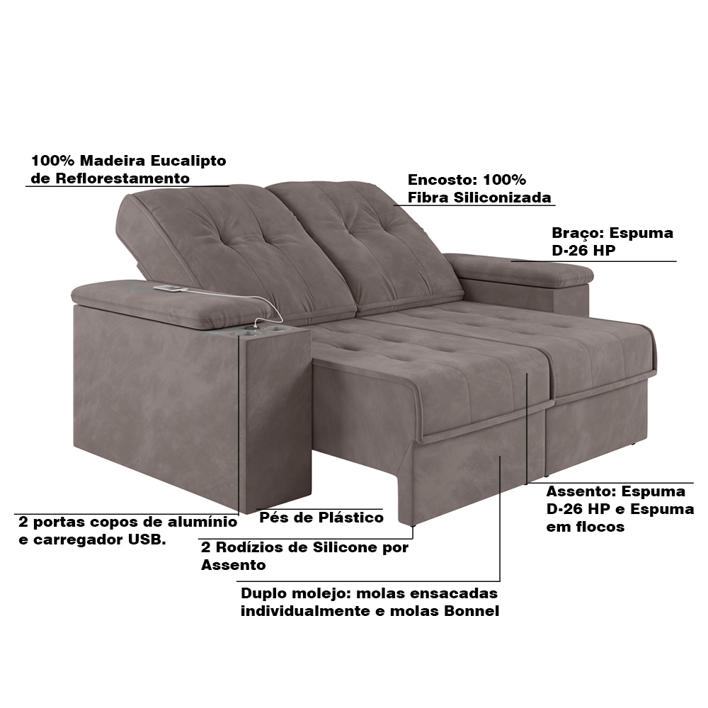 Sofá 4 Lugares Retrátil e Reclinável com USB Sala de Estar Calvin 257cm Veludo Avelã G46 - Gran Belo