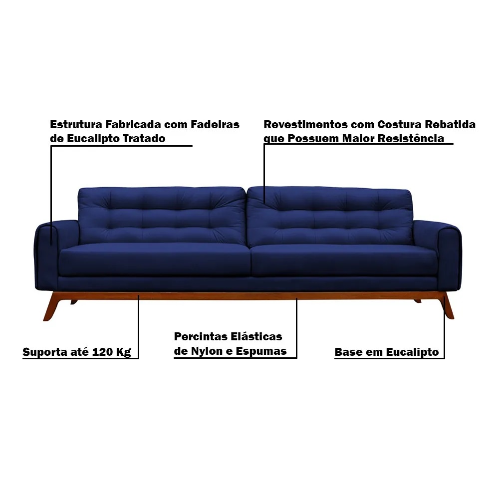 Sofá 4 Lugares Sala de Estar Eros 260 cm Veludo Azul Bic Base Fixa G15 - Gran Belo
