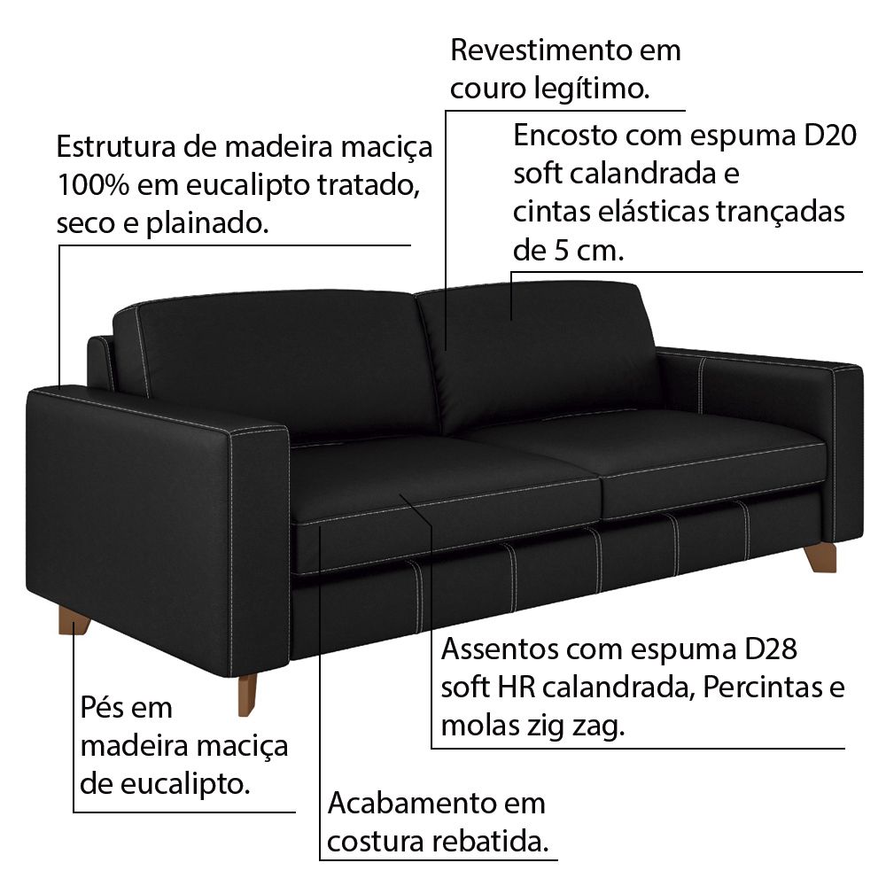 Sofá 4 Lugares Sala de Estar Recepção 280cm Presley Couro Preto G52 - Gran Belo