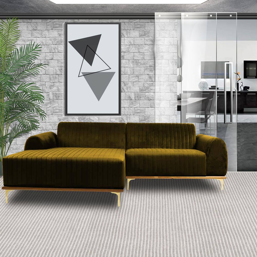 Sofá 4 Lugares com Chaise Base de Madeira Euro 255 cm Veludo Mostarda - Gran Belo