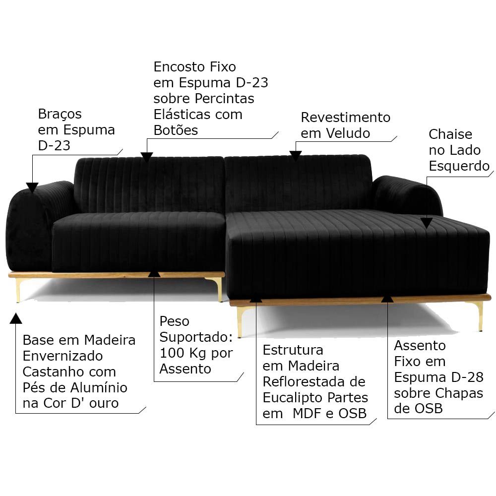 Sofá 4 Lugares com Chaise Base de Madeira Euro 255 cm Veludo Preto - Gran Belo