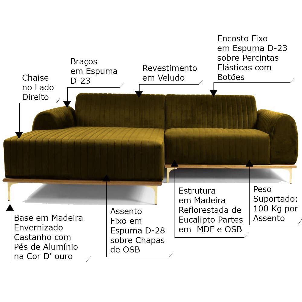 Sofá 4 Lugares com Chaise Base de Madeira Euro 265 cm Veludo Mostarda - Gran Belo