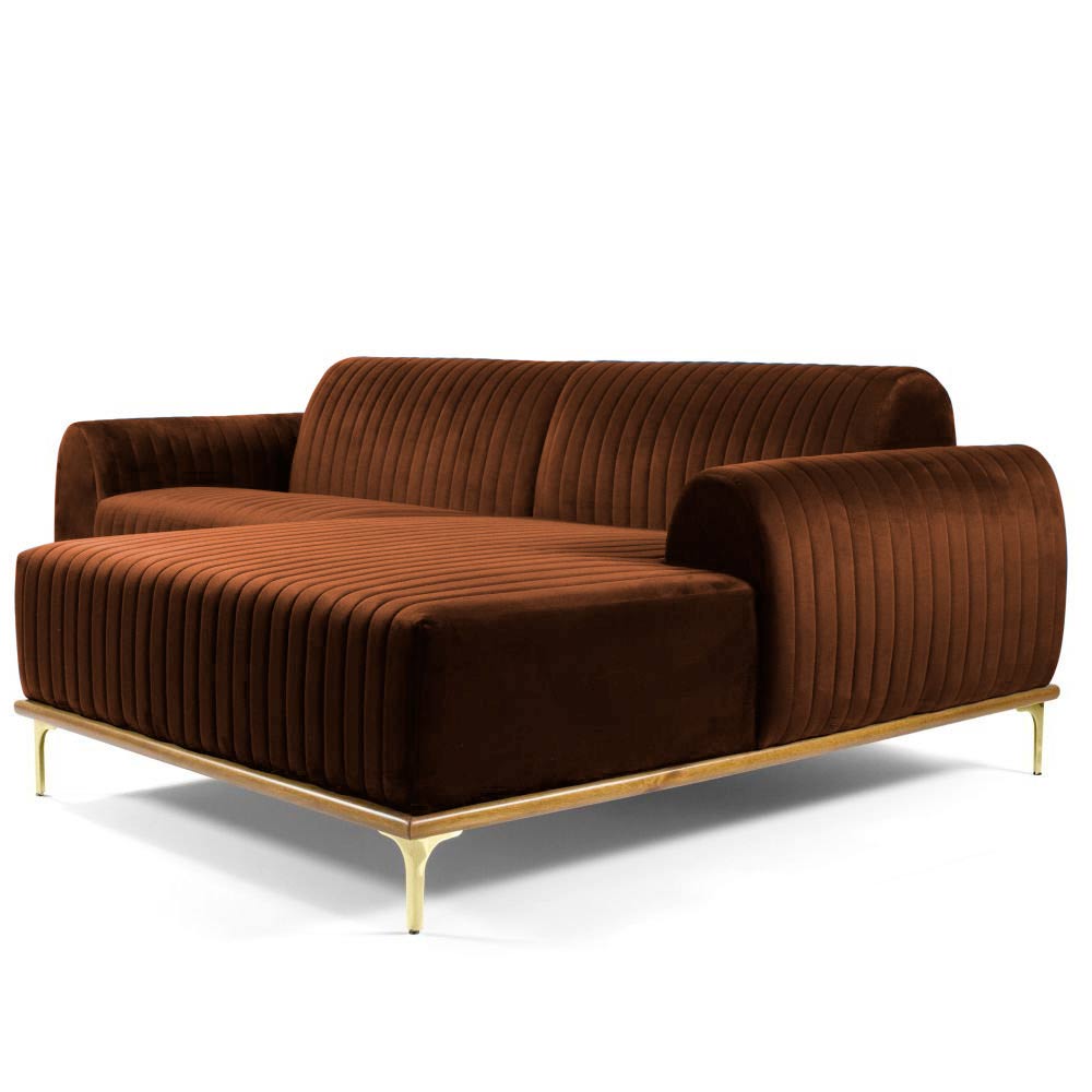 Sofá 4 Lugares com Chaise Base de Madeira Euro 265 cm Veludo Telha - Gran Belo
