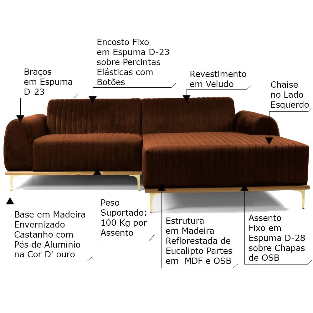 Sofá 4 Lugares com Chaise Base de Madeira Euro 265 cm Veludo Telha - Gran Belo