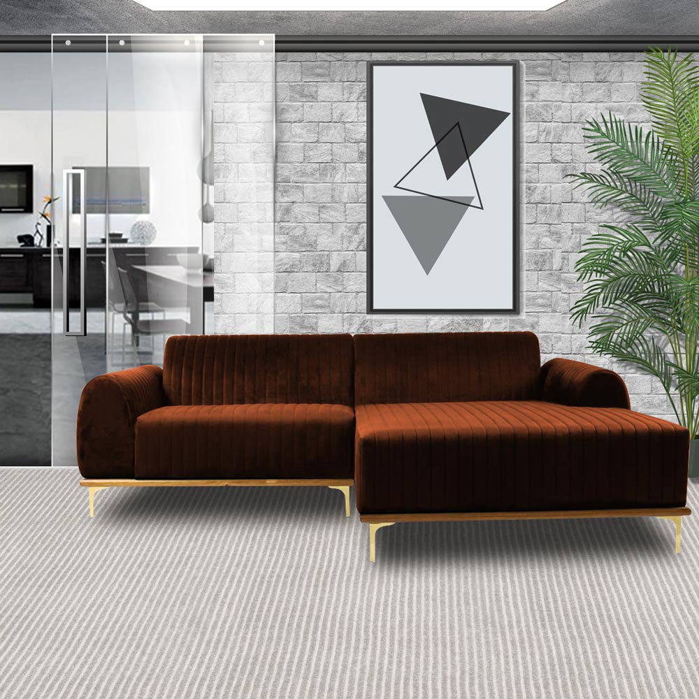 Sofá 4 Lugares com Chaise Base de Madeira Euro 265 cm Veludo Telha - Gran Belo