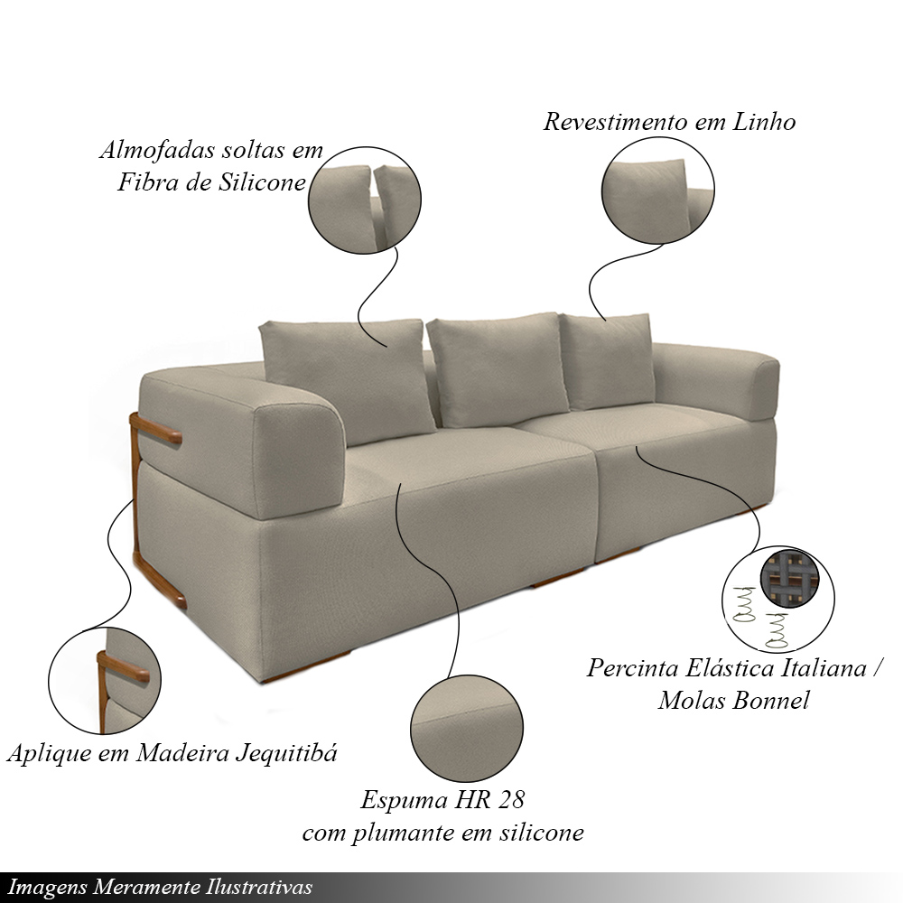 Sofá Bipartido 4 Lugares com Almofadas Soltas 280cm Nuuk Linho Avelã G63 - Gran Belo