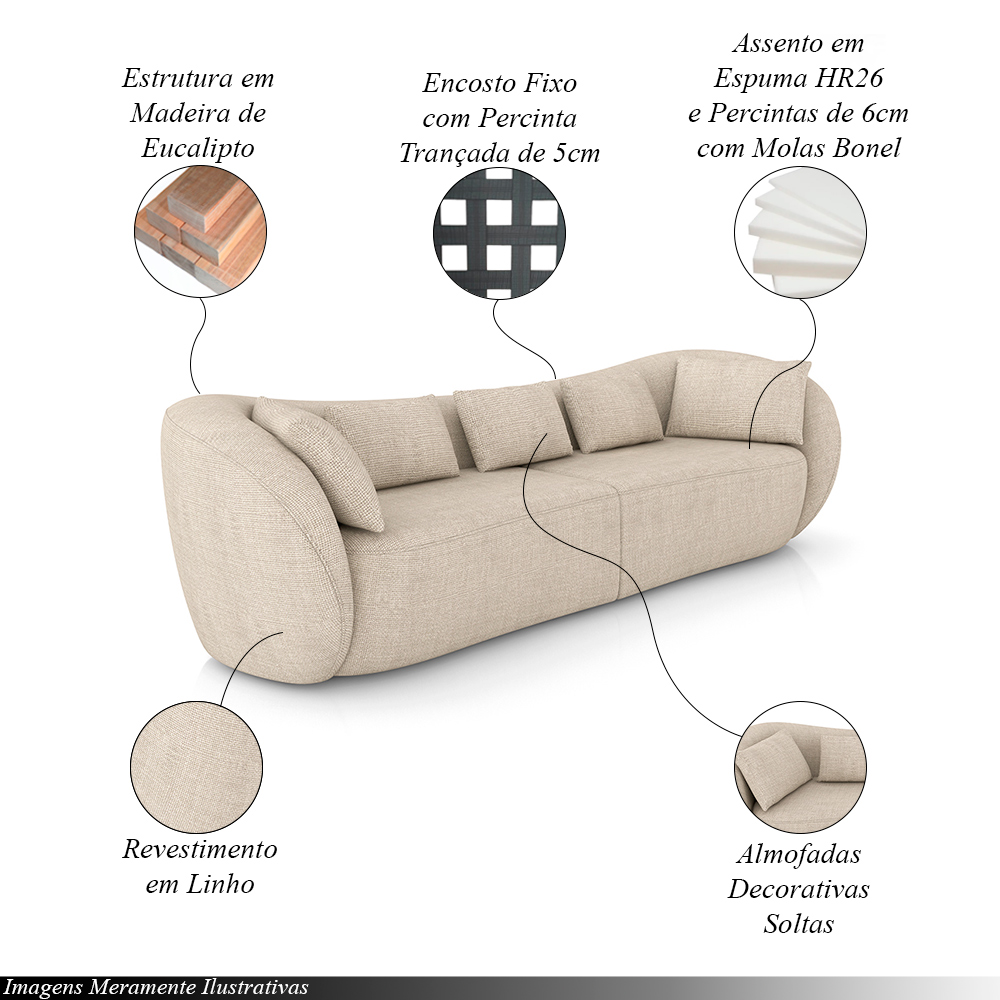 Sofá Bipartido Sala de Estar Diamond 212cm com Almofadas Soltas Linho Off White G52 - Gran Belo