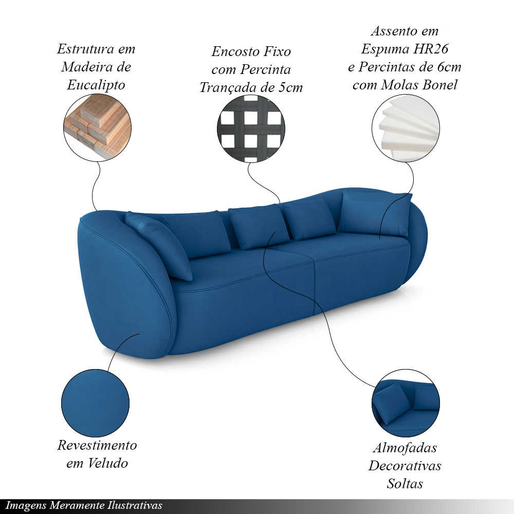 Sofá Bipartido Sala de Estar Diamond 212cm com Almofadas Soltas Veludo Azul G52 - Gran Belo