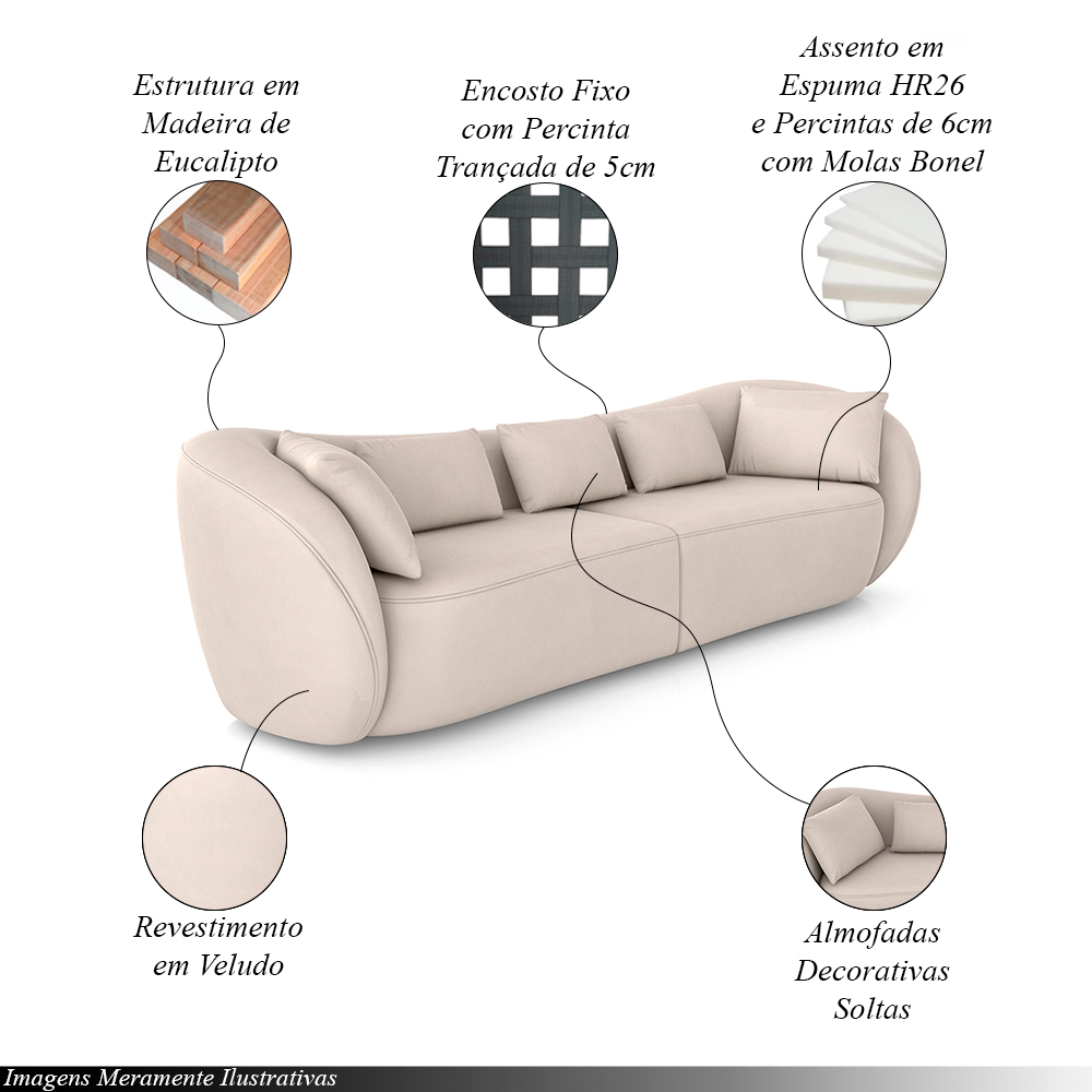 Sofá Bipartido Sala de Estar Diamond 212cm com Almofadas Soltas Veludo Bege G52 - Gran Belo