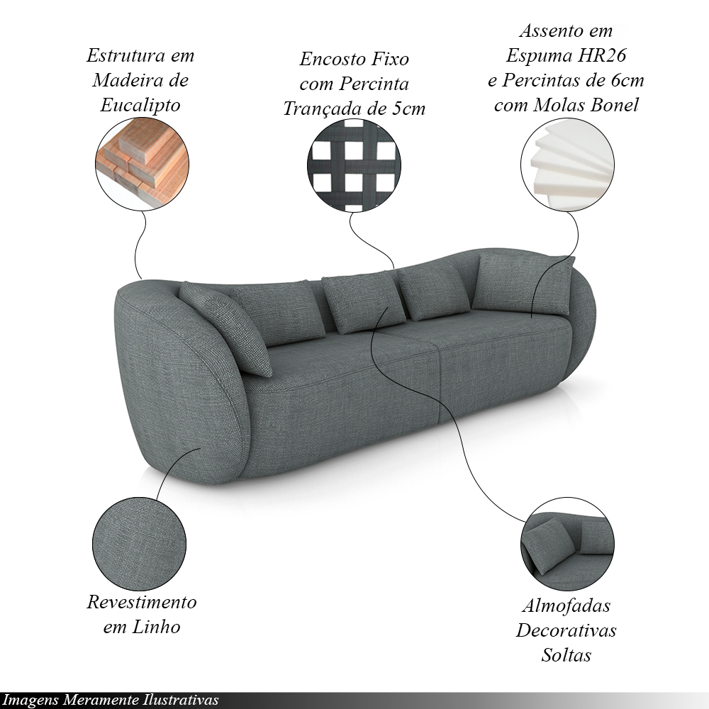 Sofá Bipartido Sala de Estar Diamond 232cm com Almofadas Soltas Linho Grafite G52 - Gran Belo