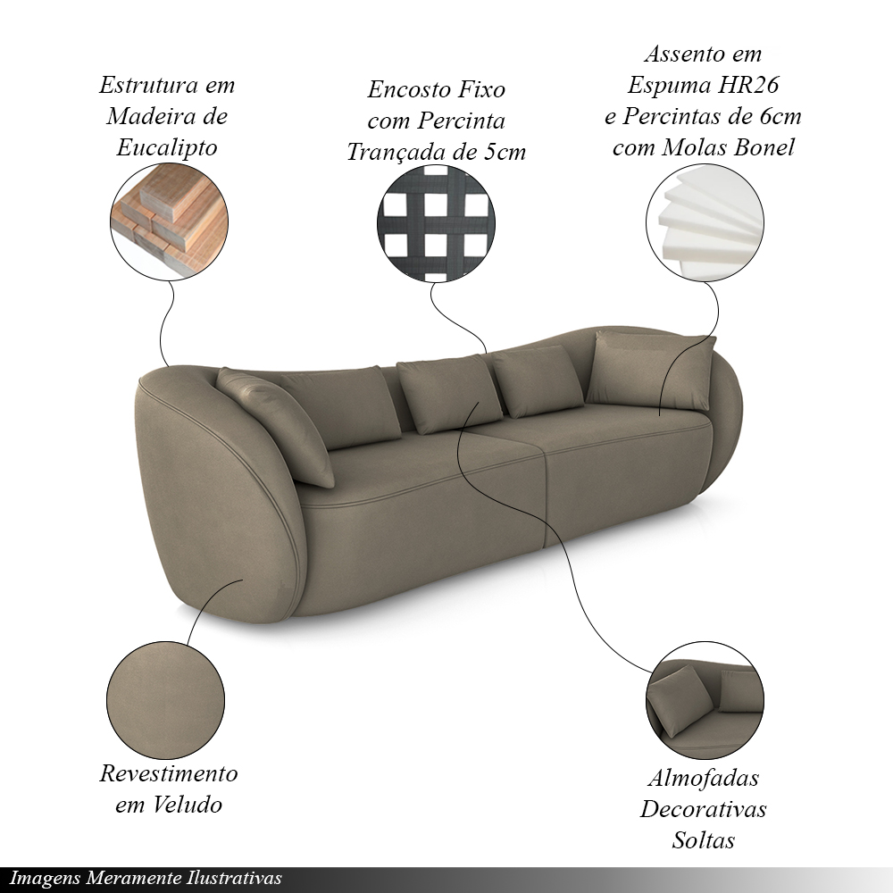 Sofá Bipartido Sala de Estar Diamond 232cm com Almofadas Soltas Veludo Marrom G52 - Gran Belo