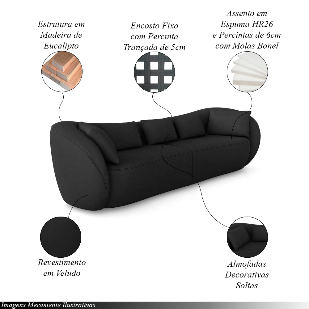 Sofá Bipartido Sala de Estar Diamond 232cm com Almofadas Soltas Veludo Preto G52 - Gran Belo