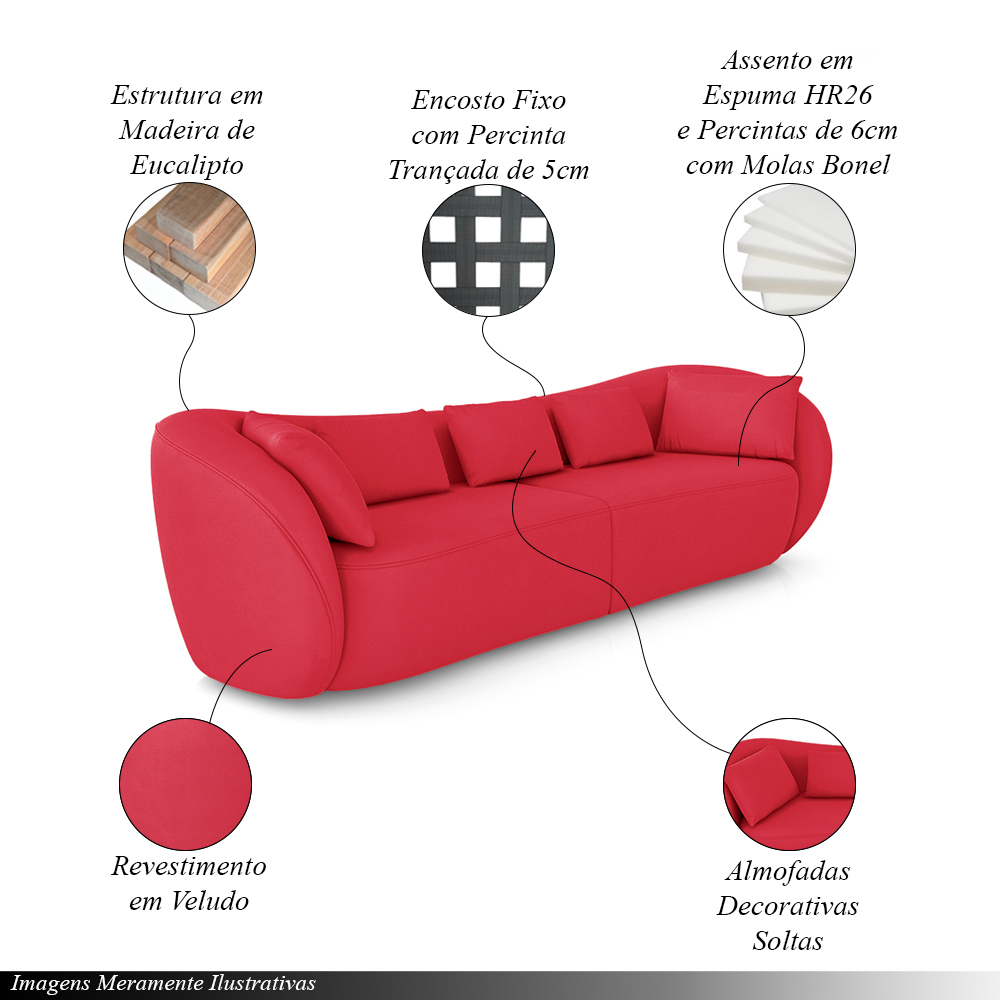 Sofá Bipartido Sala de Estar Diamond 232cm com Almofadas Soltas Veludo Vermelho G52 - Gran Belo
