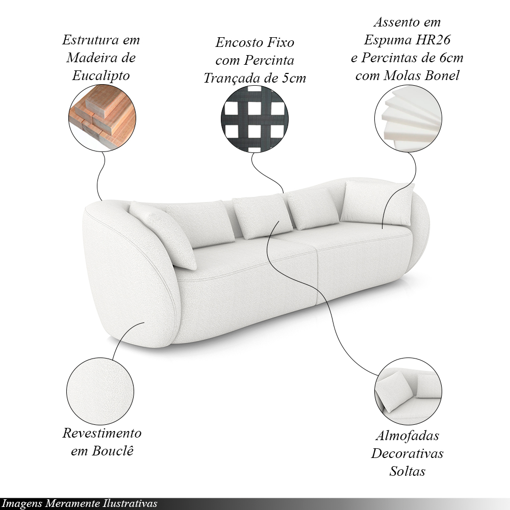 Sofá Bipartido Sala de Estar Diamond 252cm com Almofadas Soltas Bouclê Branco G52 - Gran Belo