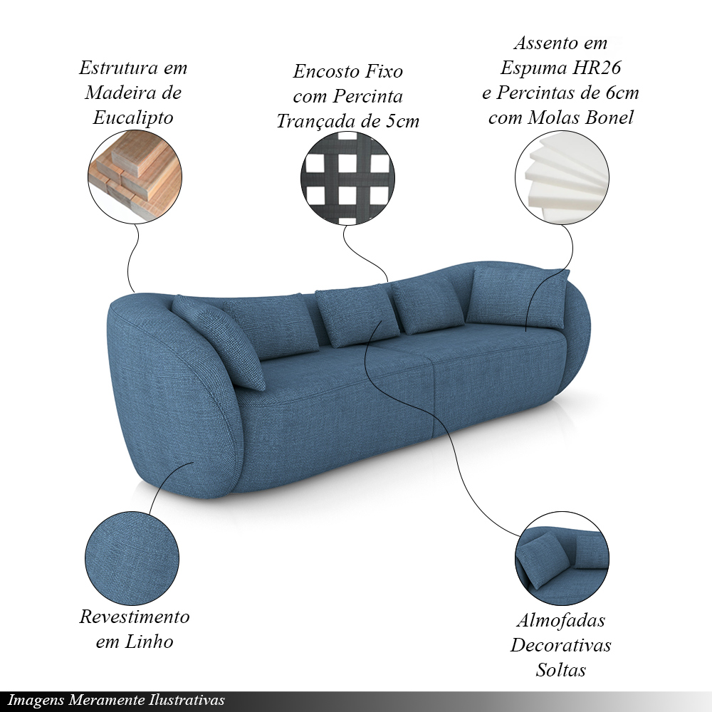 Sofá Bipartido Sala de Estar Diamond 252cm com Almofadas Soltas Linho Azul G52 - Gran Belo