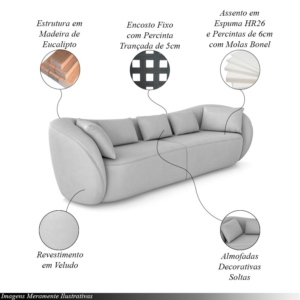 Sofá Bipartido Sala de Estar Diamond 252cm com Almofadas Soltas Veludo Cinza G52 - Gran Belo