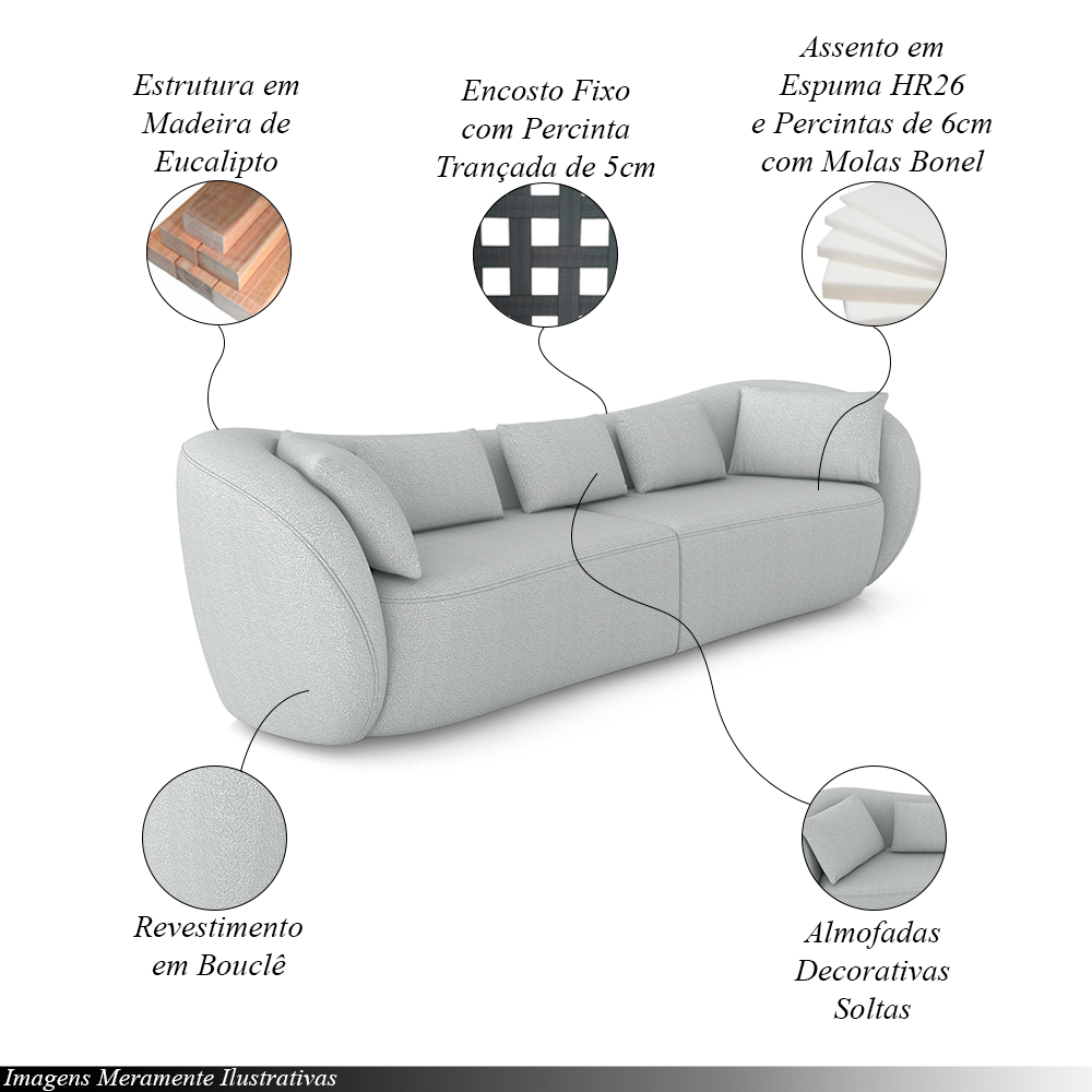 Sofá Bipartido Sala de Estar Diamond 272cm com Almofadas Soltas Bouclê Cinza G52 - Gran Belo