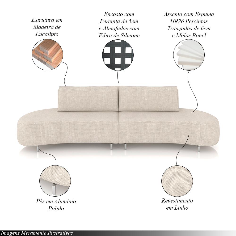 Sofá Bipartido Sala de Estar Jamaica 260cm Curvo Pés Alumínio Linho Off White G52 - Gran Belo