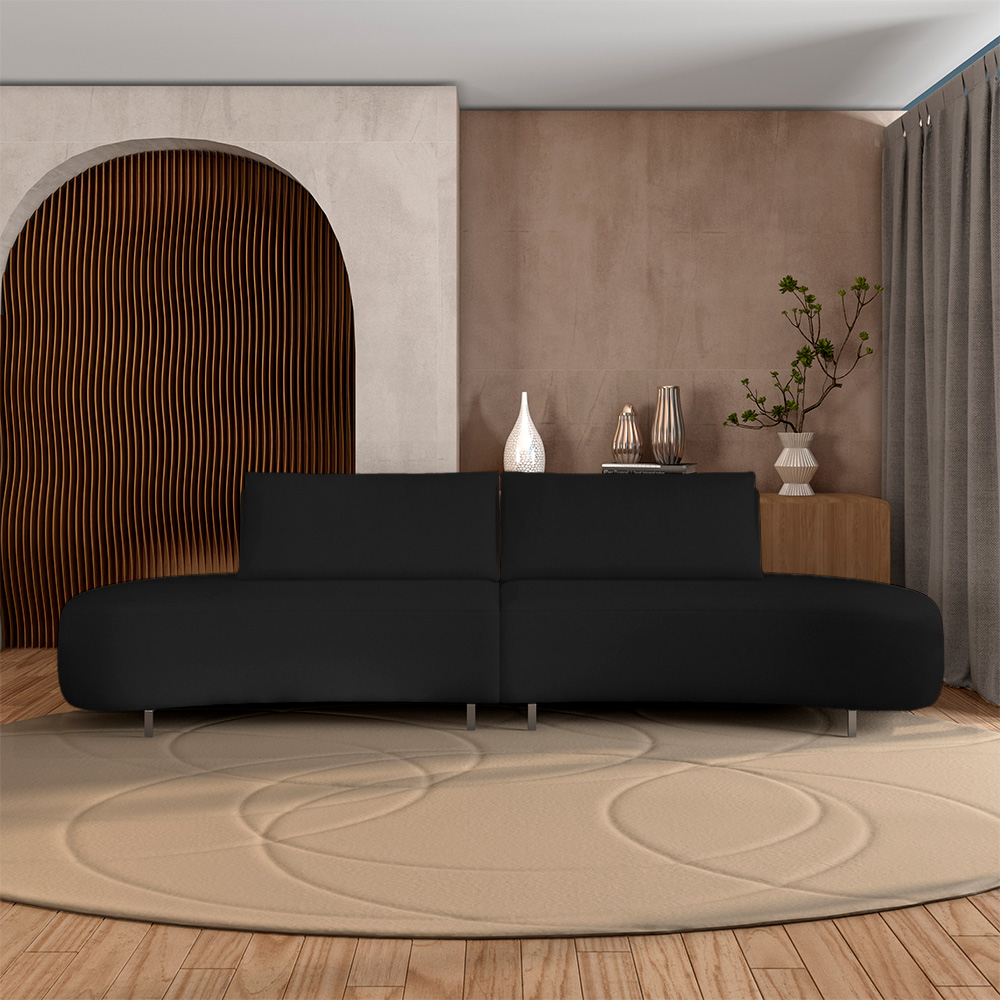 Sofá Bipartido Sala de Estar Jamaica 260cm Curvo Pés Alumínio Veludo Preto G52 - Gran Belo