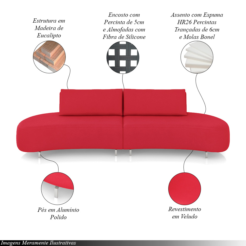 Sofá Bipartido Sala de Estar Jamaica 260cm Curvo Pés Alumínio Veludo Vermelho G52 - Gran Belo